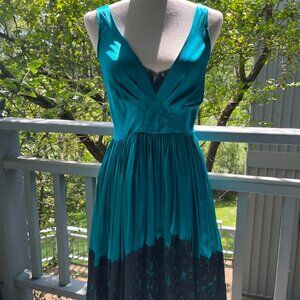 Anthropologie Aqua Blue Silk Cocktail Dress with Black Lace - Size 4